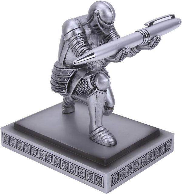 Knight Pen Holder Desk Organizers and Accessories, Resin Desk Decor with a Cool Pen Gift for Office and Home (Silver)