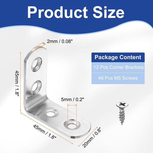 12pcs 1.8" 1.8" 0.8" 90 48 HARFINGTON L-Shaped Corner Bracket x x Stainless Steel Degree Angle Brace Joint Right Corner