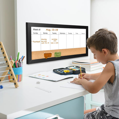 Magnetic Weekly Dry Erase White Board and Cork Board, Black Wood Frame, Magnetic Surface Whiteboard for Home