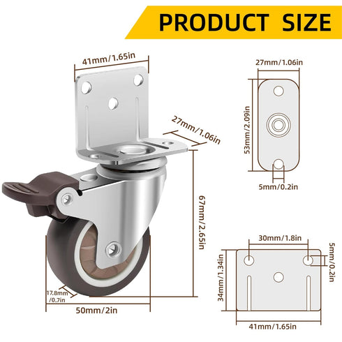 2 Inch Set 4, 600 LBS, Side Mount Casters of Thickened L-Shaped Caster Wheels for Furniture, Total Capacity No Noise