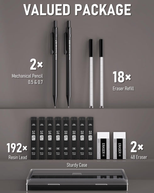 Four Candies Metal Mechanical Pencils, 0.5 & 0.7 mm, 2PCS with Dual Spring, Lead Refills, Erasers for Writing