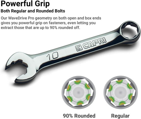Capri Tools 12 mm WaveDrive Pro Stubby Combination Wrench for Regular and Rounded Bolts