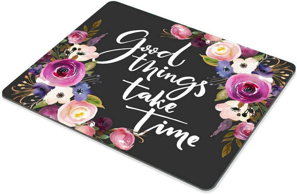 Smooffly Custom Office Mouse Pad, Good Things Take Time Motivational Quote, Rectangle Pink Bordo Violet Floral