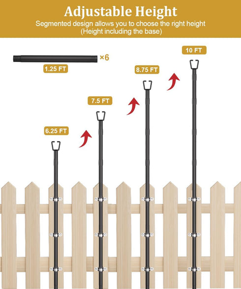 Sprimden 10FT String Light Poles for Outdoor Decor, Sturdy Light Pole with Fence Brackets, Adjustable Metal Posts