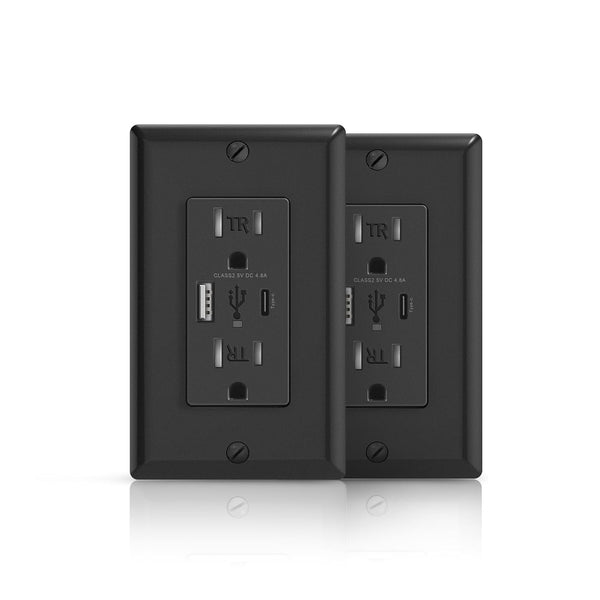 4.8A USB C Outlet, 15 Amp Charging Power Outlet with 2 Ports, Black, ETL Listed, 2 Pack