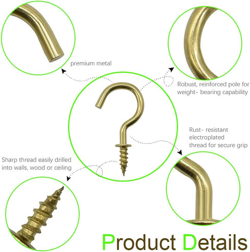 50Pcs Brass Plated Ceiling Hooks | 7/8 Inches Screw Hooks