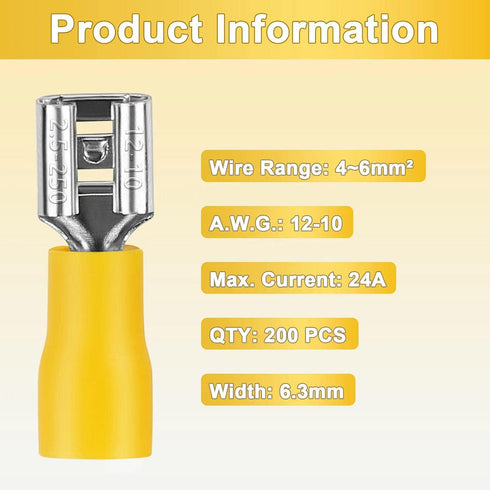 200 Pcs Yellow Female Quick Disconnects, Vinyl Insulated Spade Wire Connectors 12-10 AWG