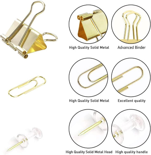 Gold Paper Clips and Binder Clips Set, Assorted Sized Metal Binders with Push Pins for Desk Accessories