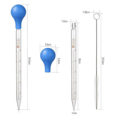 2Pcs Glass Graduated Dropper Pipette, 10ml Lab Dropper Pipettes with Rubber Cap and 1Pc Cleaning Brush