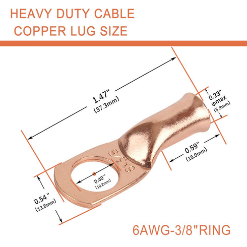 10pcs 6 AWG-3/8” (M10) Ring Terminals, Heavy Duty Copper Wire Lugs Battery Cable Terminal Connectors