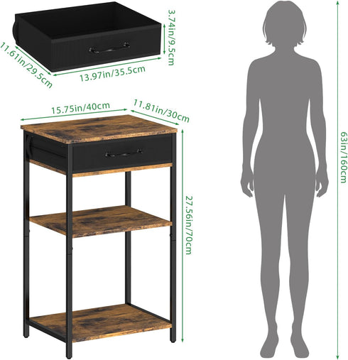 FANSXIVITA 3-Tier Printer Stand with Fabric Drawer, Industrial Sturdy Under Desk Printer Cart with Open Storage, Narrow