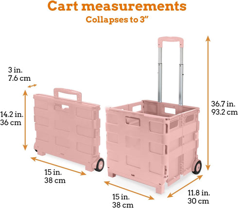 Inspired Living Medium Rolling Collapsible Storage Pack-N-Roll Utility Carts, Telescopic Handle, Raspberry Pink for