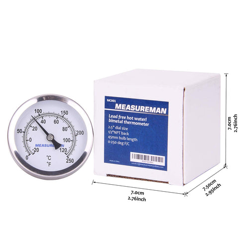 MEASUREMAN Hot Water Bi-Metal Thermometer, 2-1/2" Dial, 1-3/4" Lead-Free Brass Stem, Range 0-250 deg F