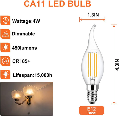 Rnyloas CA11 Dimmable Bulbs 2700k 4W 120V, 12 Pack CA11 Bulbs 40 E12 11 Bulbs Chandelier Light Warm White High Output