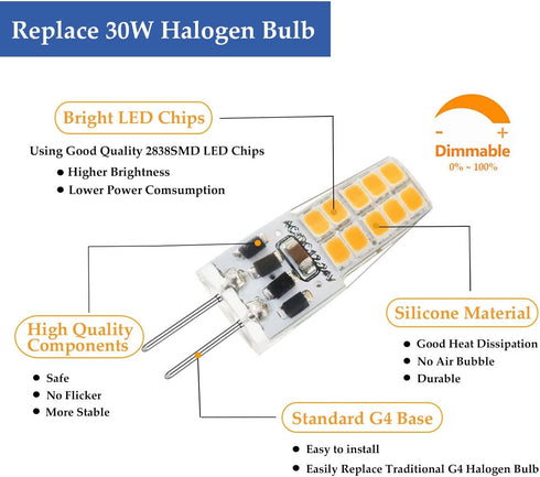 Dimmable G4 LED Bulb 12V 24V JC Type, 20-30W Halogen Equivalent, 4000K Natural White, 10pcs for Landscape Lighting