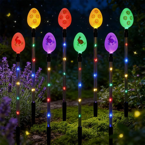 Quivorant 8 IP65 PCS Solar Easter Eggs Stake Lights, Waterproof Multicolor Outdoor Easter Pathway Lights Auto On/Off
