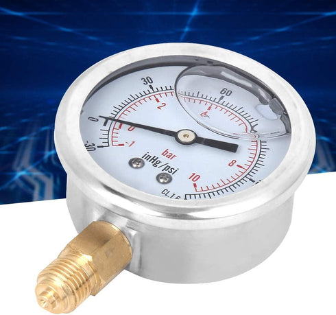 Heayzoki Oil Filled Pressure Gauge, 1/4 BSP Lower Mount, Stainless Steel Liquid Filled, -1-10 bar, Dual Scale