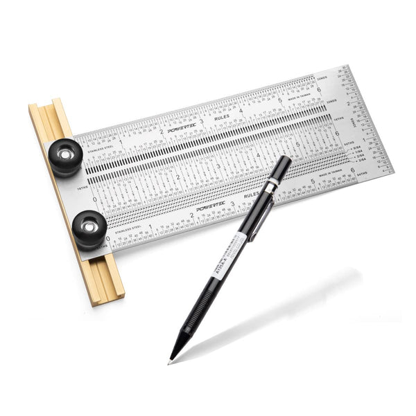 POWERTEC 6'' Precision Marking T-Square - T Rule w/Pencil for Measuring, Scribing, Woodworking & Crafting Tools