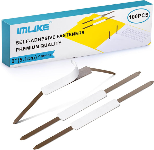 Self-Adhesive Prong Paper Fasteners, IMLIKE 100 PCS Metal File Fasteners, 2" Capacity for Paper Folder or Files, Brown