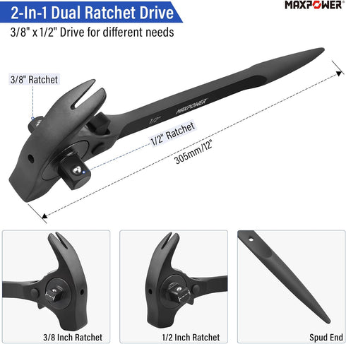 MAXPOWER 1/2" and 3/8" Drive Scaffold Ratchet Wrench, Podger Spanner with Claw Hammer, Crowbar, Pry Bar Functions
