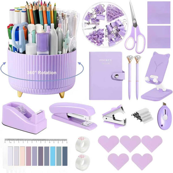 suniya Office Supplies,Purple Desk Accessories,Desk Organizer,Stapler,Tape Dispenser,Folding Phone Stand,Scissors,Notebook,Staple Remover,Staples,Clear Tape,Sticky Notes,Clips,Cool Pen,Bookmark,Ect.22pcs