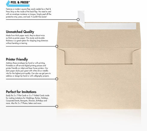 LUXPaper A7 Invitation Envelopes | 5 1/4" x 7 1/4" | 50 Qty | Peel & Press | Taupe Metallic | 80lb. Text