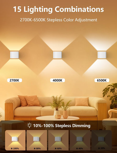 GeyouLux 6000mAh Dimming, 2700-6500K, 2-Pack Battery Operated Wall Lamps with Motion Sensor, Rechargeable Wireless LED