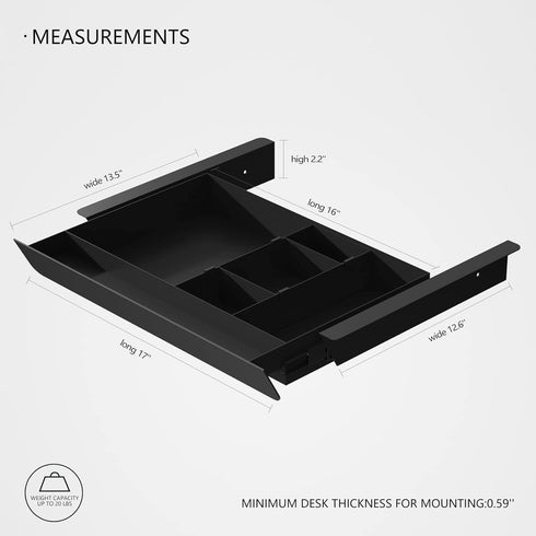 Under Desk Mounted Sliding Pull-out Drawer with Pencil Tray, 17'' x 13.5'' Large Storage Organizer for Workstation