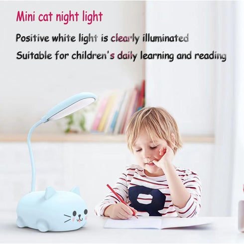 Cute Cat LED Desk Lamp for Kids, USB Rechargeable Reading Light, Portable Flexible Gooseneck Cartoon Desk Lamp (Green)