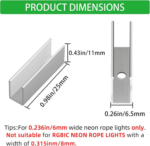 20 neon Rope Light Clips - Piece High - Quality Aluminum Neon Light Clips Kit Made of Durable Aluminum, Waterproof