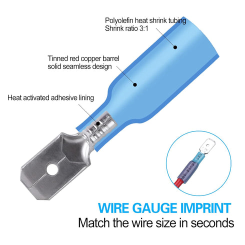 100 PCS 16-14 AWG Waterproof Heat Shrink Quick Disconnect Connectors, Crimp Electrical Wire Male Spade for Marine