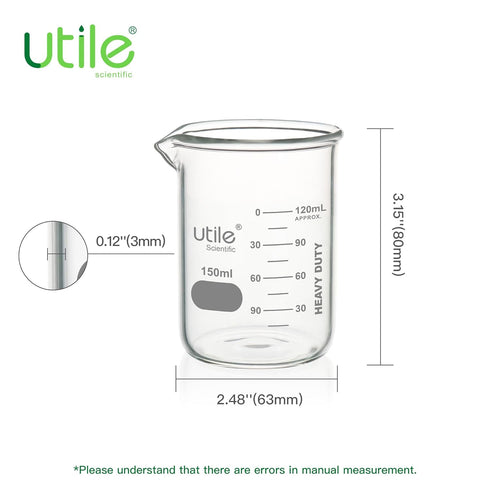 6pcs Heavy Duty Glass Beakers, 150ml (5oz), Borosilicate 3.3 Glass with Double Scaled Graduation