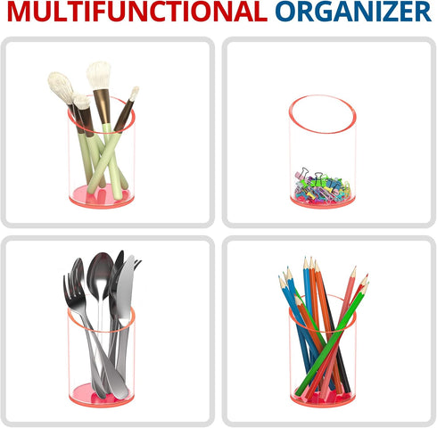 Pen Holder for Desk Organizer, Neon Pink Acrylic Makeup Brush and Sanitizer Holder for Office, Home, School