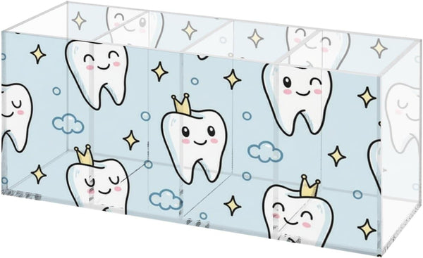 Ainavmxzs Cute Cartoon Tooth Crown Acrylic Makeup Brush Holder With 4 Compartments Hair
