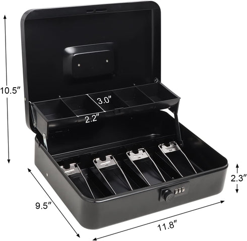 Cash Box with Combination Lock, Durable Metal Cash Box with Money Tray, Security Locker with Cable, Black