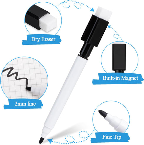Rewritable Magnetic Dry Wipe White Board Markers Pens with Eraser Cap (100 Pcs, Black)