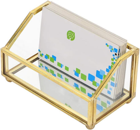 Hipiwe Glass Business Card Holder Stand - Gold Metal Frame Name Card Display Organizer for Office Desktop, Fits 80-100