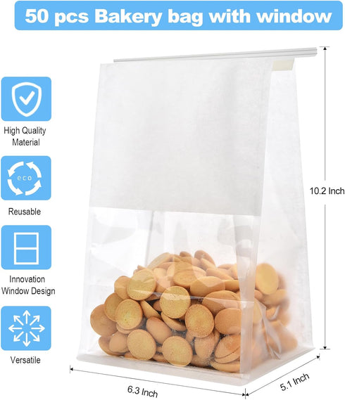 50 6.3'' 5.1'' 10.2'' Packaging(White) Funcoo pcs Bakery Bags with Window, x x Bakery Cookie Bags with Tin Tie Tab