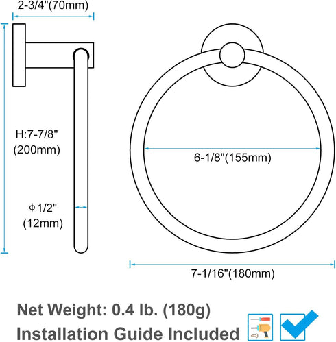 APLusee Hand Towel Ring, 304 Stainless Steel Round Towel Holder, Wall Mounted for Bathroom Kitchen, Brushed Gold