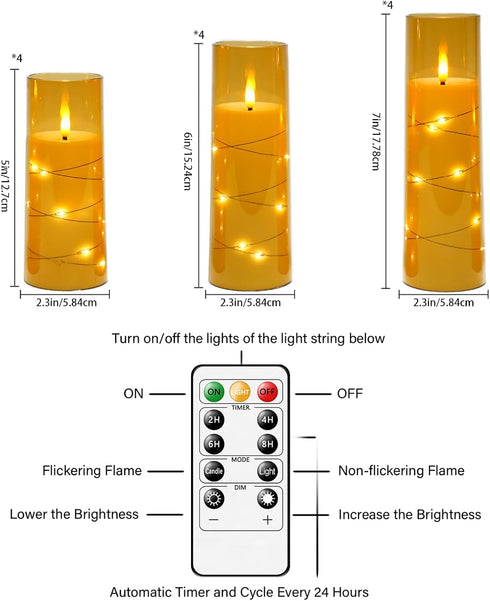 Remote,12 2.3"H 5" 6" 7") Sasigeiaa Flameless Candles with Embedded Star String - Battery Operated LED Candles
