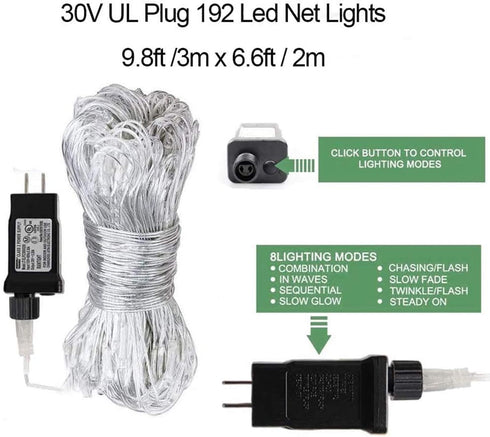 9.8FTx6.6FT 192 8 woohaha Outdoor Christmas Net Lights, LED Plug-in Mesh Lights with Lighting Modes, Connectable Light