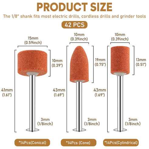 Abrasive Sanding Bits Grinding Stone Set, 42 Pcs Aluminium Oxide Grinding with 1/8" Shank