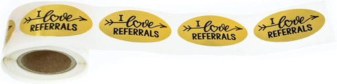 I Love Referrals - Oval Gold Foil Stickers - Great for Real Estate Agents (Roll of 100)