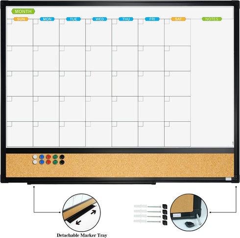 JILoffice Magnetic Calendar Whiteboard & Bulletin Corkboard Combo Board 24 x 18 Inch, Black Aluminum Frame for Home,
