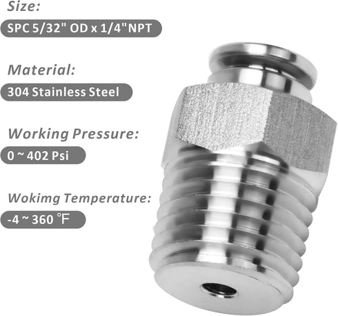 Push to Connect Fitting - 304 Stainless Steel Male Straight 5/32" Tube OD x 1/4" NPT Thread Pneumatic Push Lock Fitting