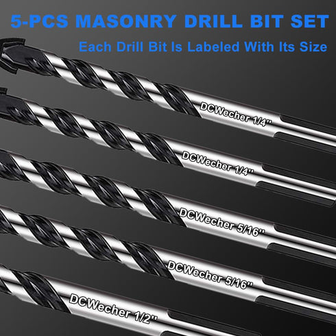 Professional Concrete Drill Bit 5-Pack Masonry Drill Bit Set, Industrial-Strength Cement Drill Bits