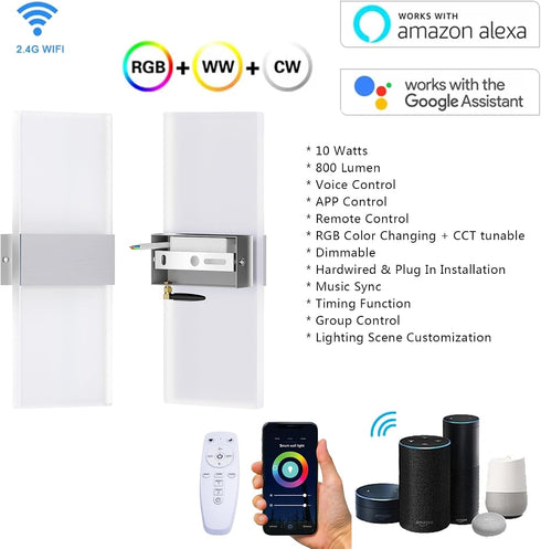 Dimmable Shell,10W Bright,1pcs Smart Wall Sconces,LED Wall Lights Works with Alexa,APP,Remote Control,Bedroom Living