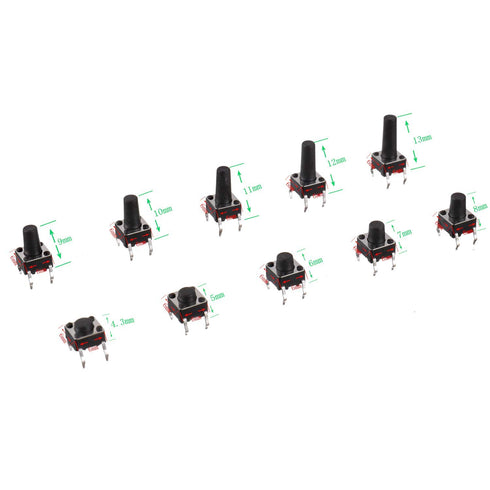 BOJACK 10 Values 200 Pcs 6x6 mm Tactile Pushbutton Switches - 4 Pin Momentary Push Button Switches Assortment Kit