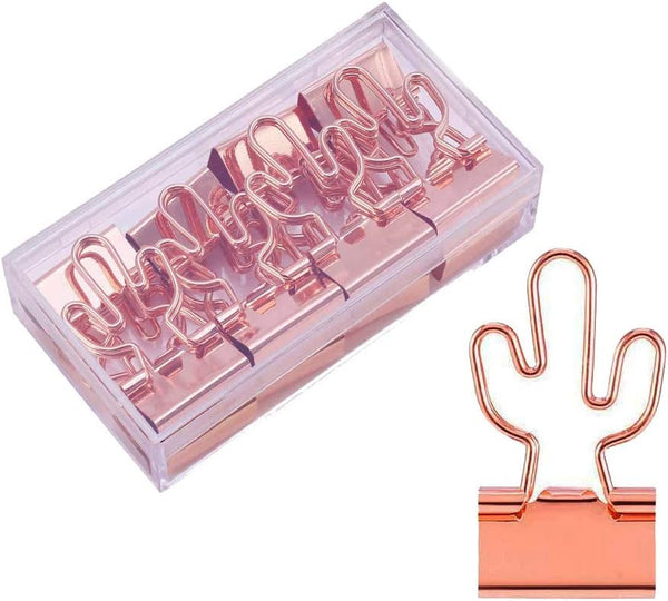 Cactus Binder Clips, Cute Rose Gold Medium Clips in Acrylic Crystal Box for Office, School, Home Supplies