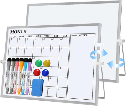 Dry Erase White Board, 16 x 12 inches Double-Sided Magnetic Monthly Planner with Stand for Kitchen, School